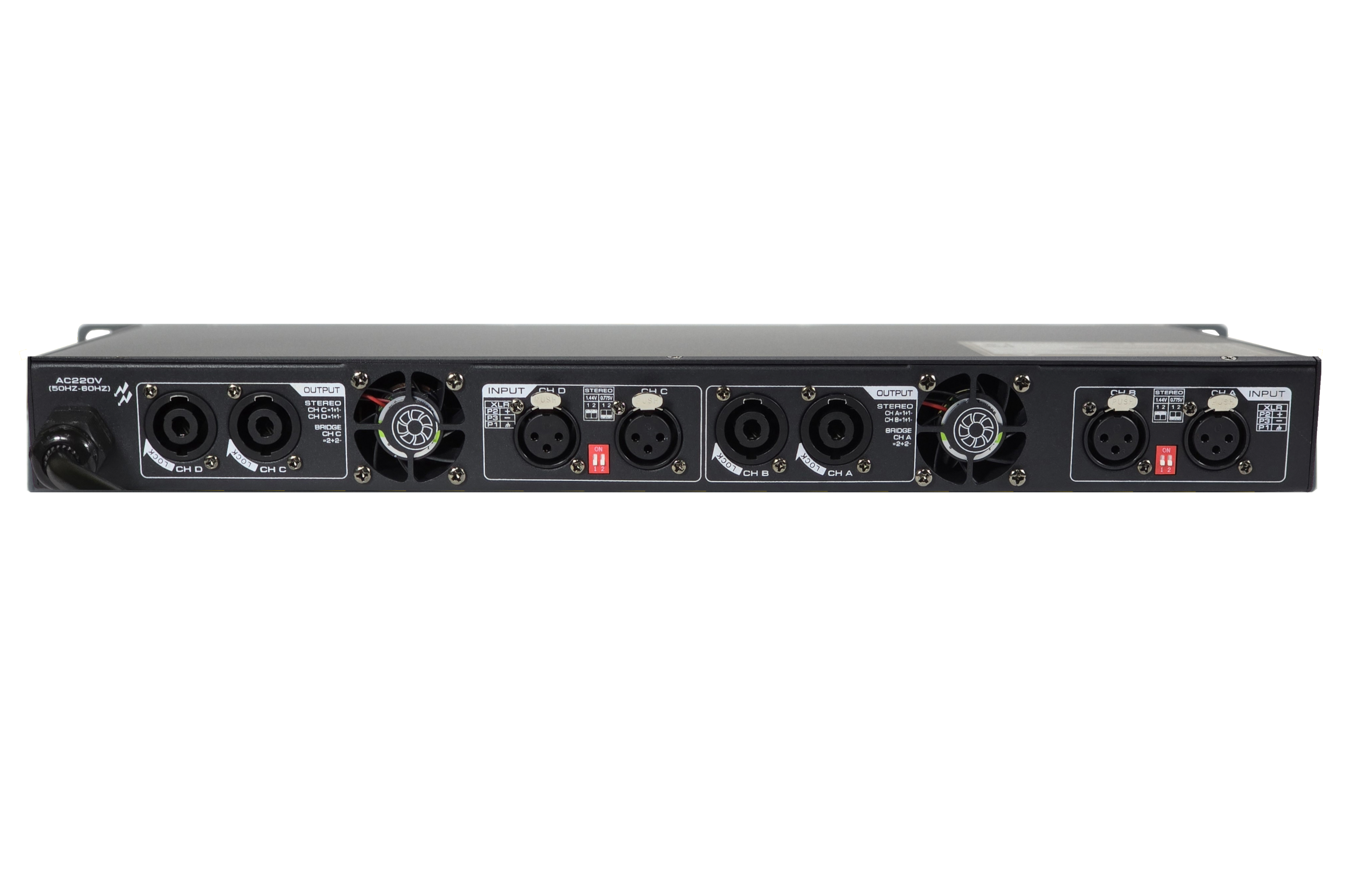 A 1u size 4channel power amplifer by harpman rear view
